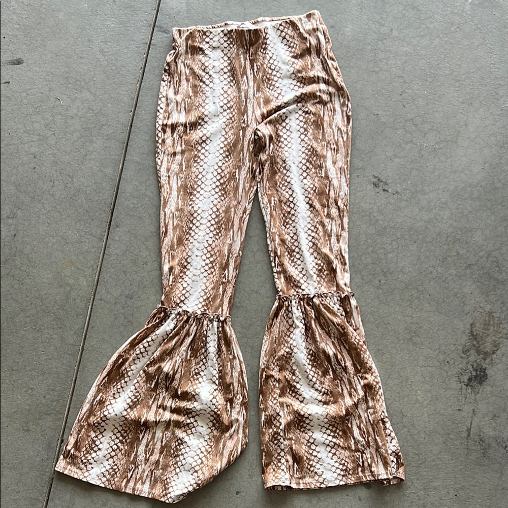 Brown Snake Print Flared Pants